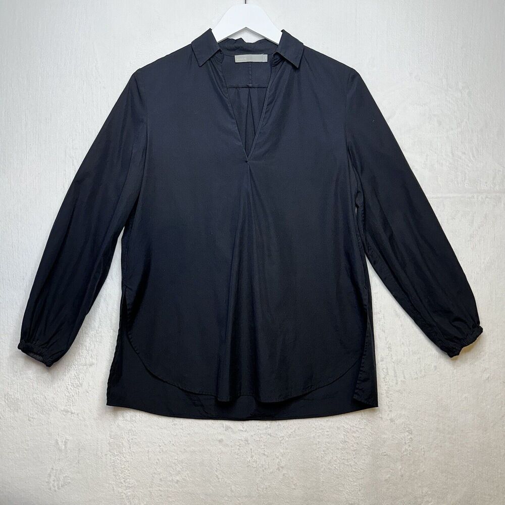 VINCE Popover Boxy Relaxed Fit Cotton Poplin Blouse Black Office Wear To Work XS